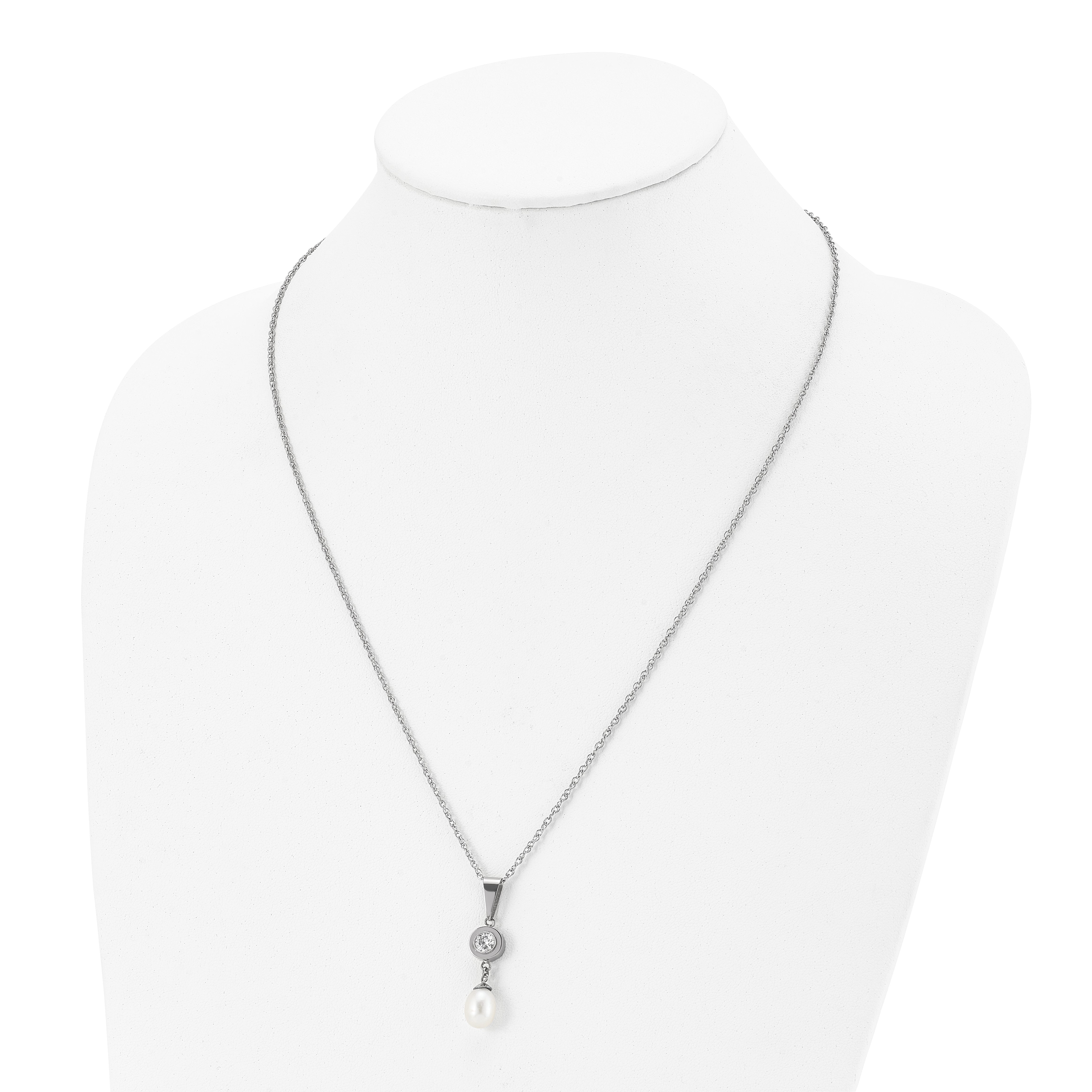 Chisel Titanium Polished with CZ and Freshwater Cultured Pearl 22 inch Necklace