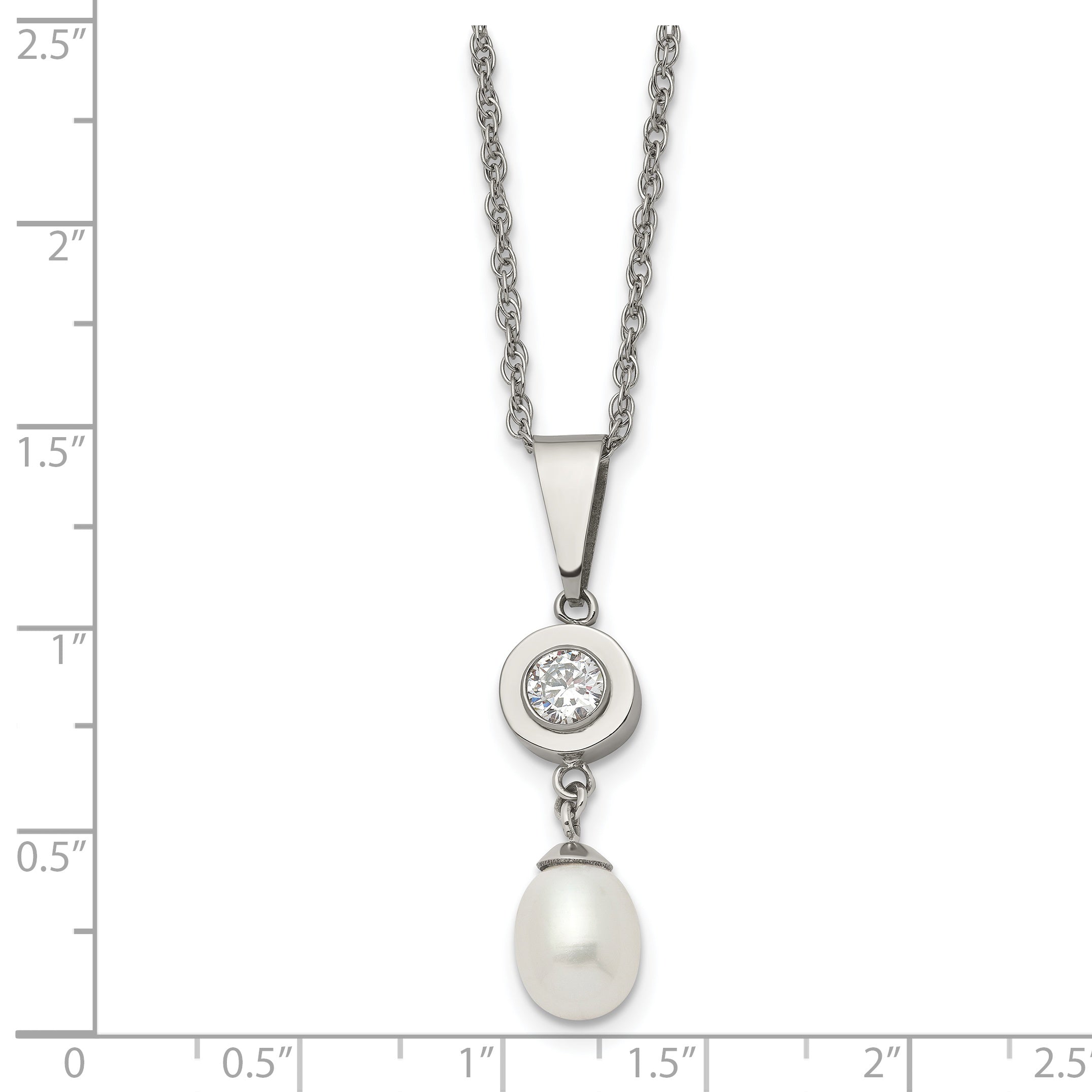 Chisel Titanium Polished with CZ and Freshwater Cultured Pearl 22 inch Necklace