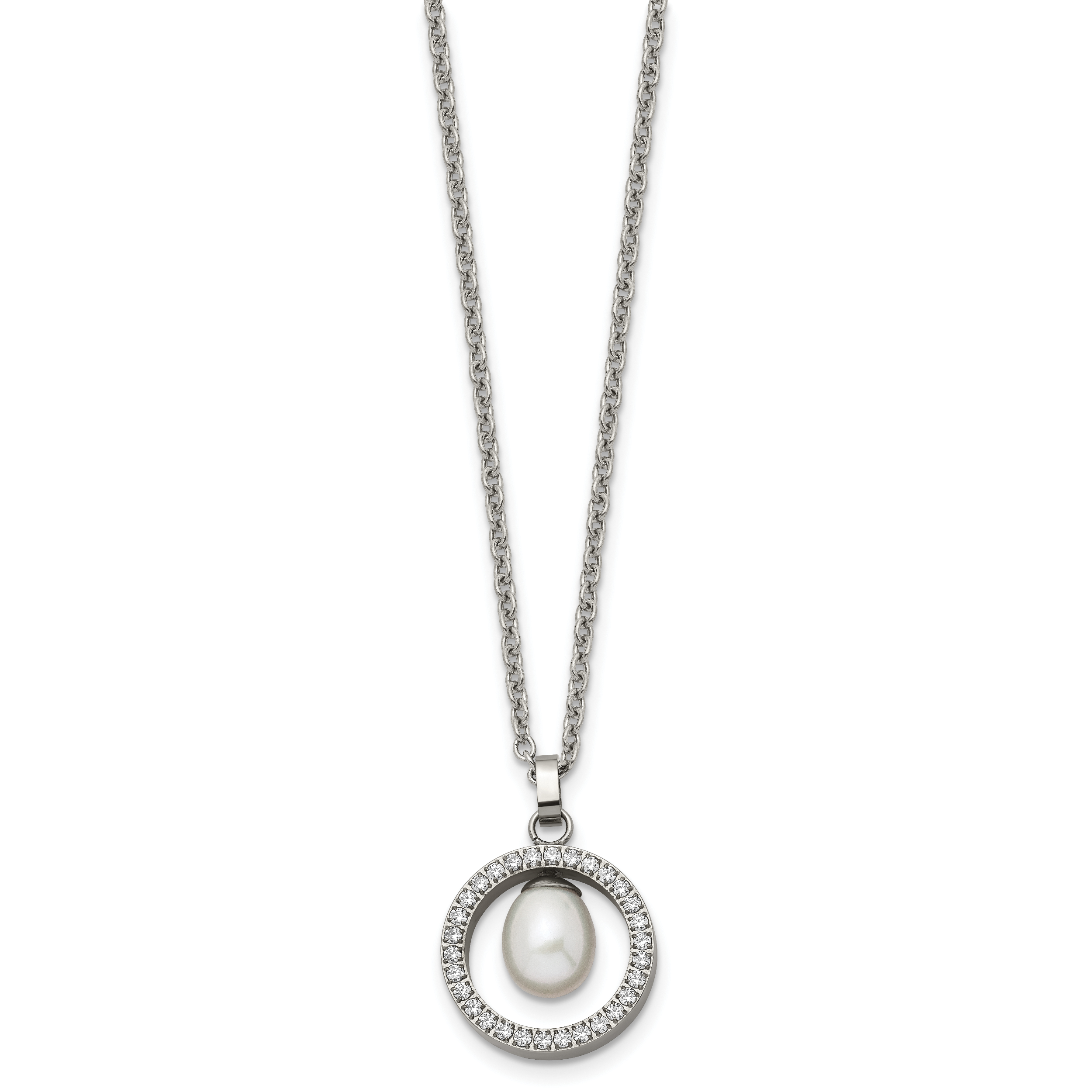 Chisel Titanium Polished with CZ and Freshwater Cultured Pearl 22 inch Necklace Secondary image