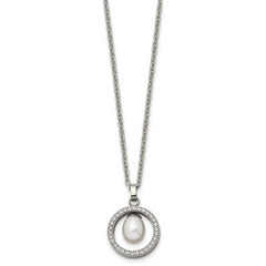 Chisel Titanium Polished with CZ and Freshwater Cultured Pearl 22 inch Necklace