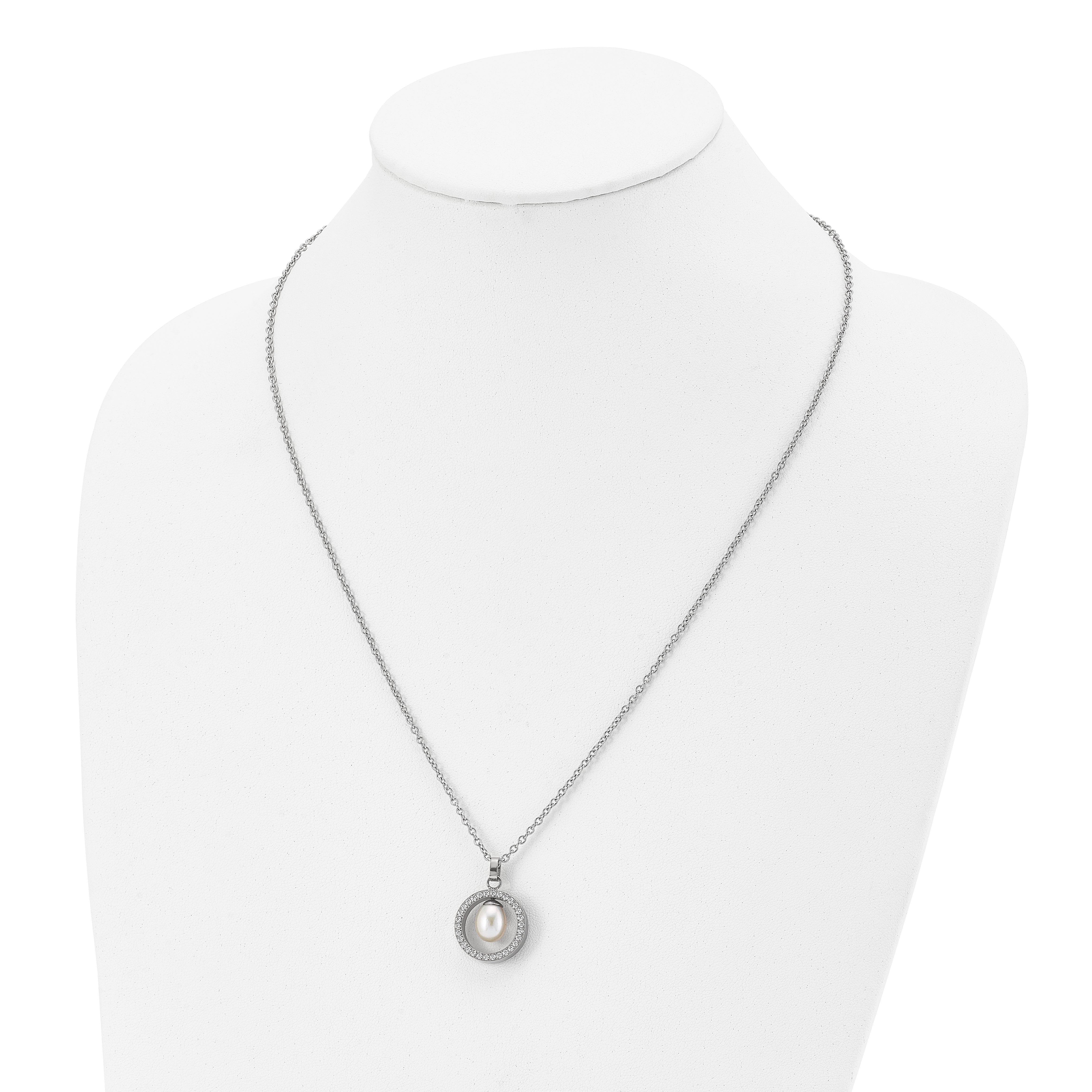 Chisel Titanium Polished with CZ and Freshwater Cultured Pearl 22 inch Necklace