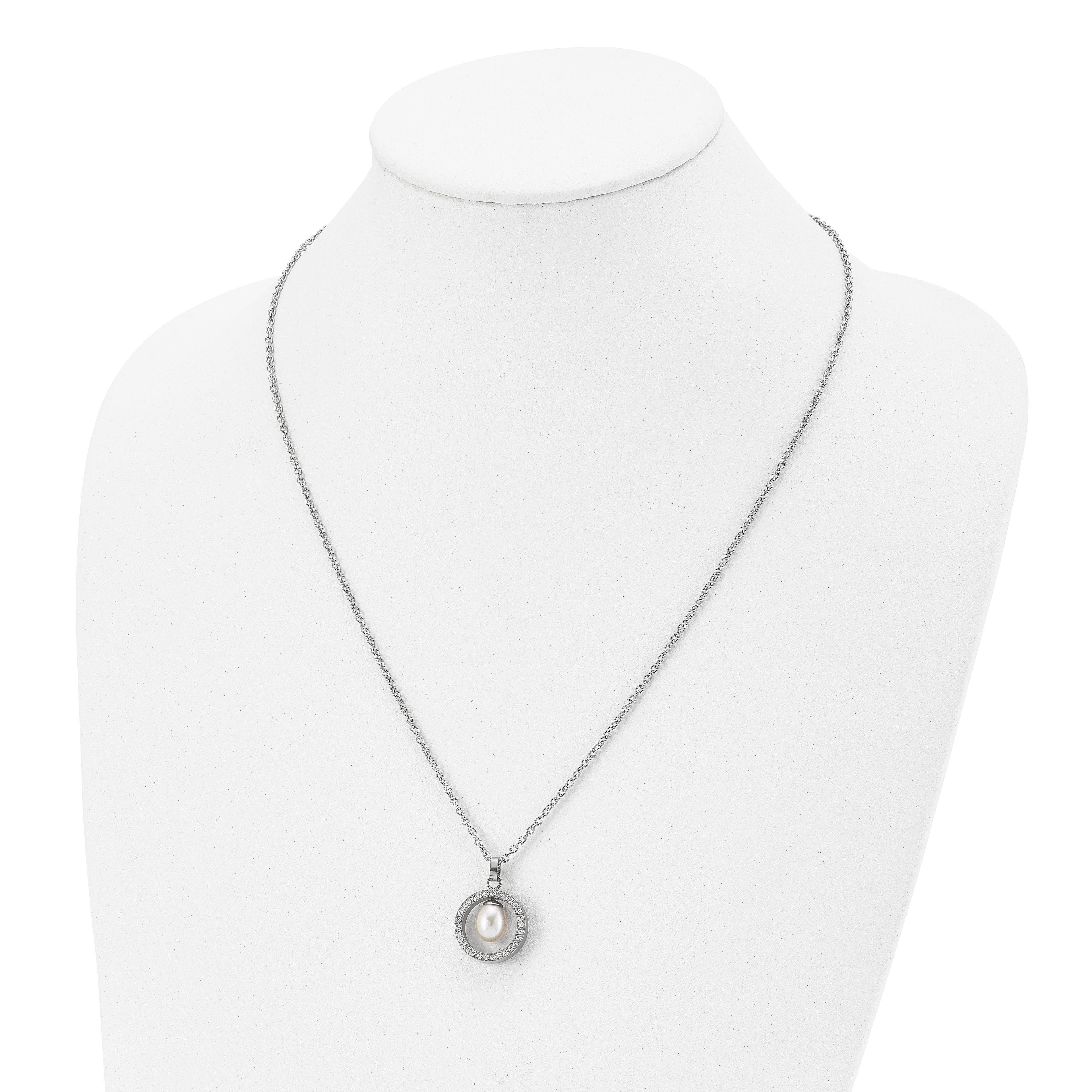 Chisel Titanium Polished with CZ and Freshwater Cultured Pearl 22 inch Necklace