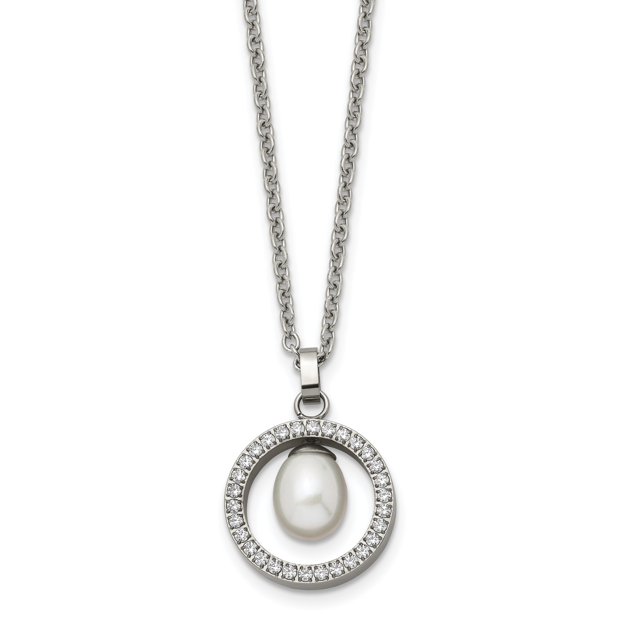Chisel Titanium Polished with CZ and Freshwater Cultured Pearl 22 inch Necklace Main image