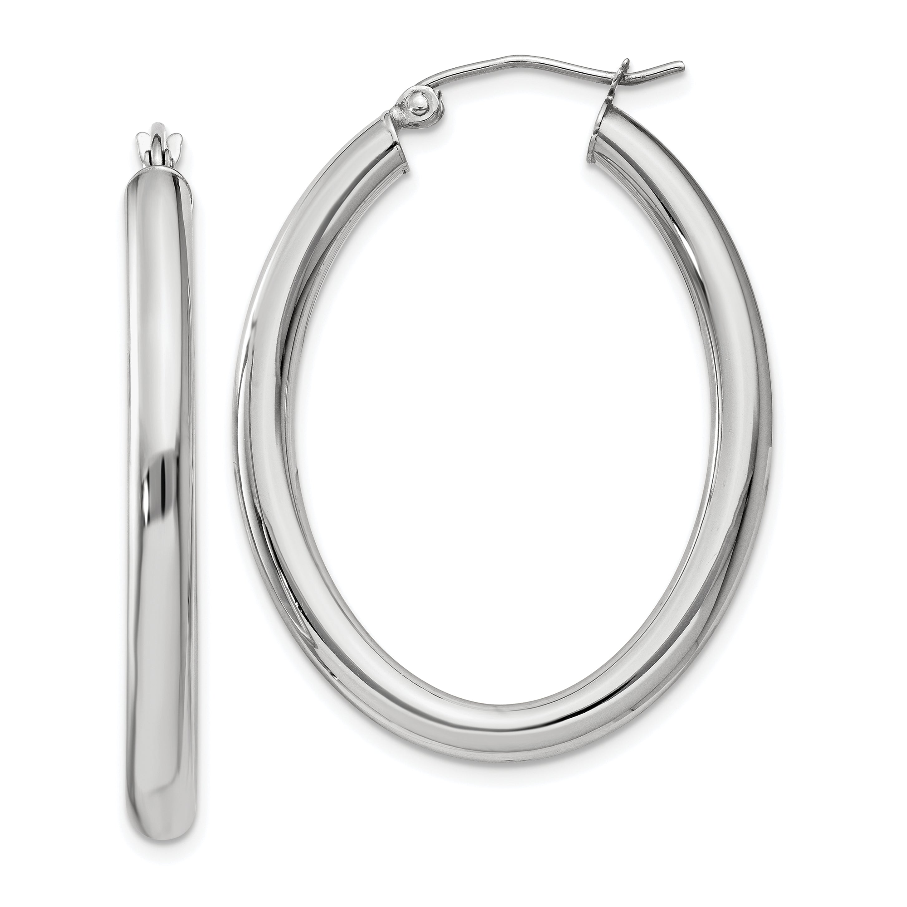 14k White Gold Polished 3.5mm Oval Tube Hoop Earrings