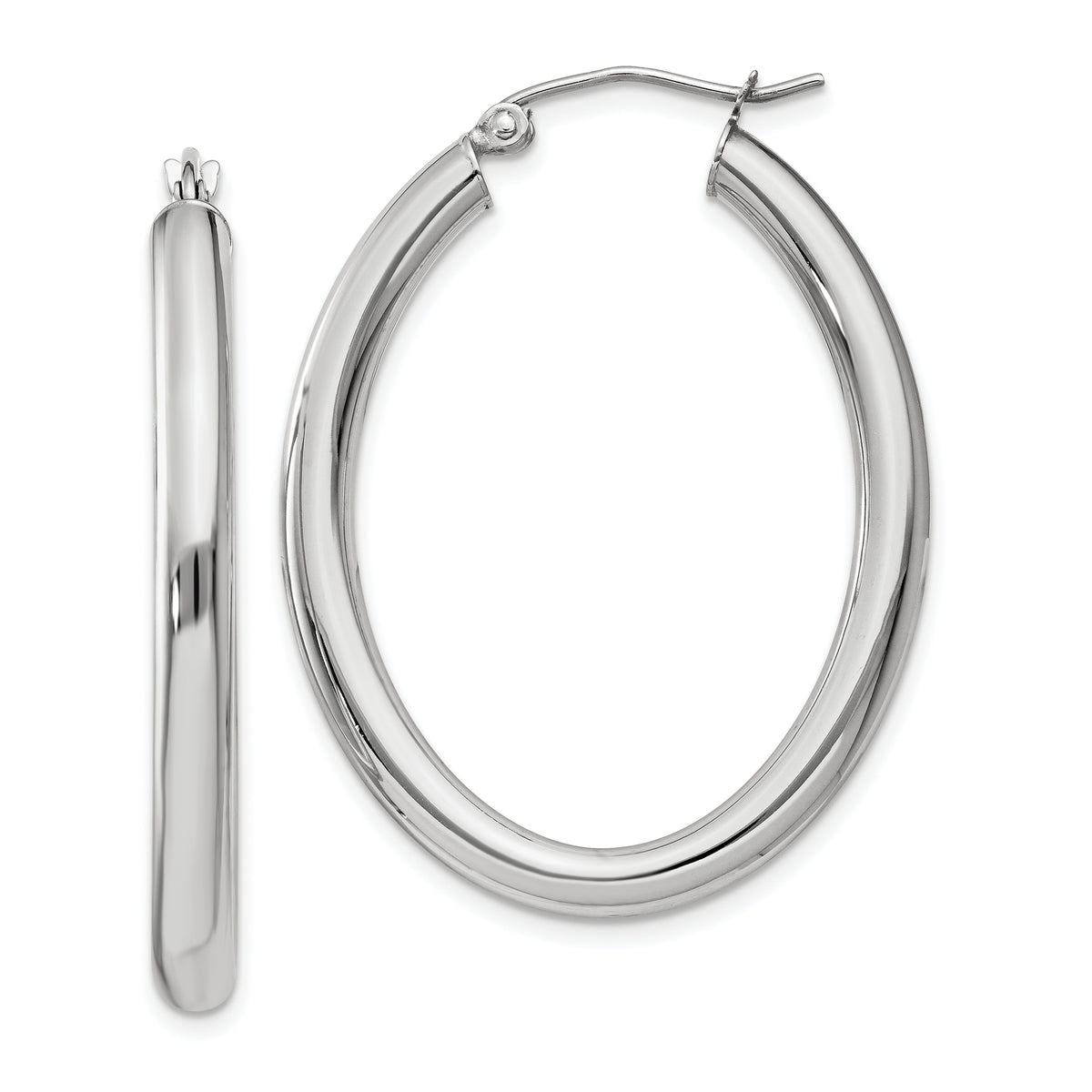 14k White Gold Polished 3.5mm Oval Tube Hoop Earrings