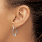 14k White Gold Satin and Diamond-cut 2mm Round Hoop Earrings