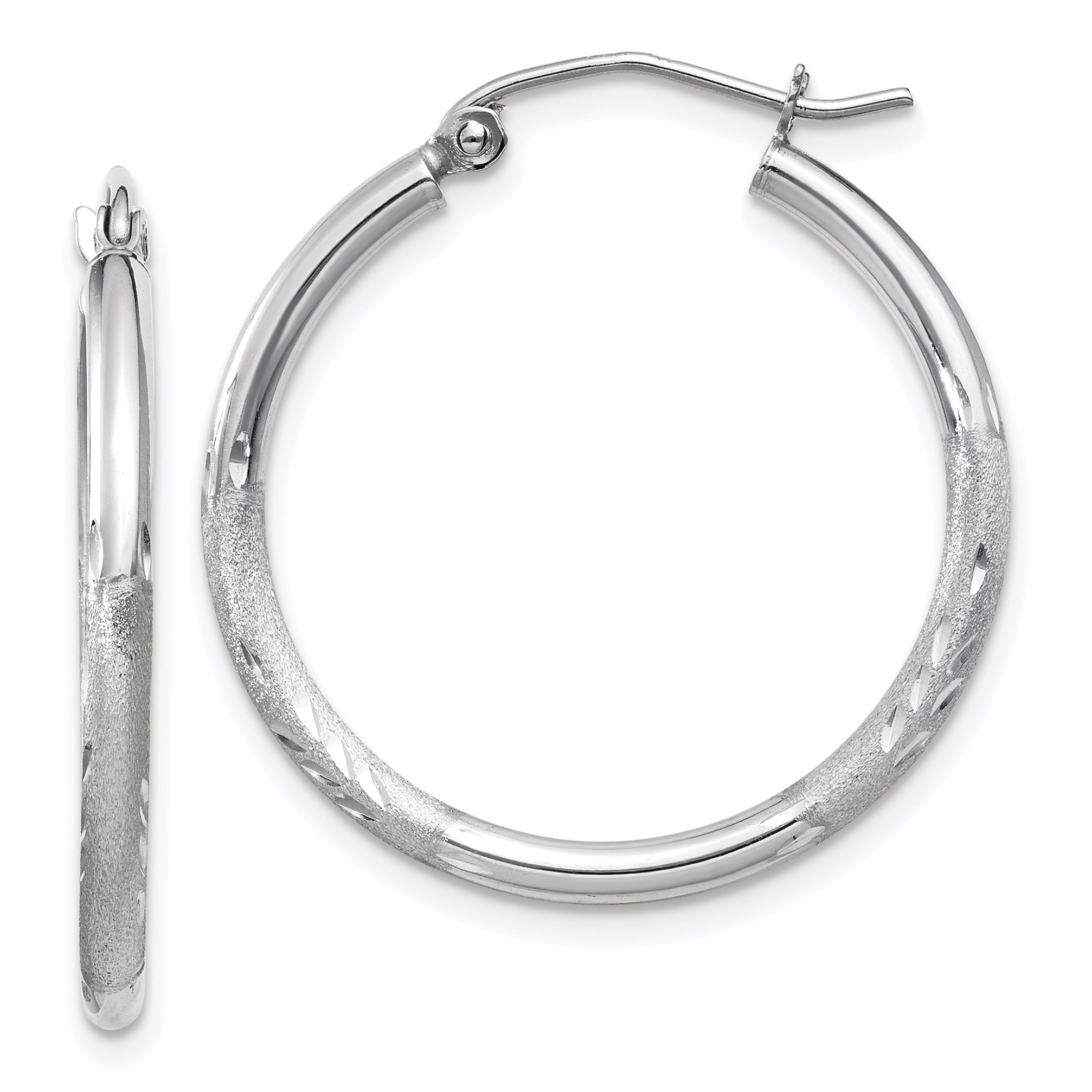 14k White Gold Satin and Diamond-cut 2mm Round Hoop Earrings Main image