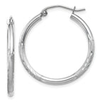 14k White Gold Satin and Diamond-cut 2mm Round Hoop Earrings
