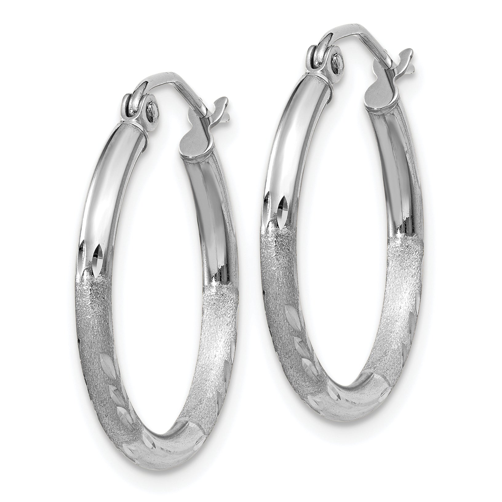 14k White Gold Satin and Diamond-cut 2mm Round Hoop Earrings Secondary image