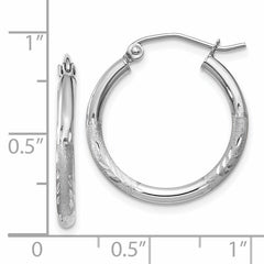 14k White Gold Satin and Diamond-cut 2mm Round Hoop Earrings