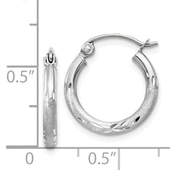 14k White Gold Satin and Diamond-cut 2mm Round Hoop Earrings