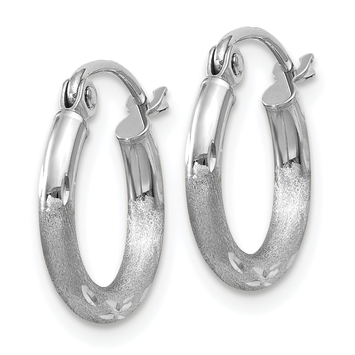 14k White Gold Satin and Diamond-cut 2mm Round Hoop Earrings Secondary image