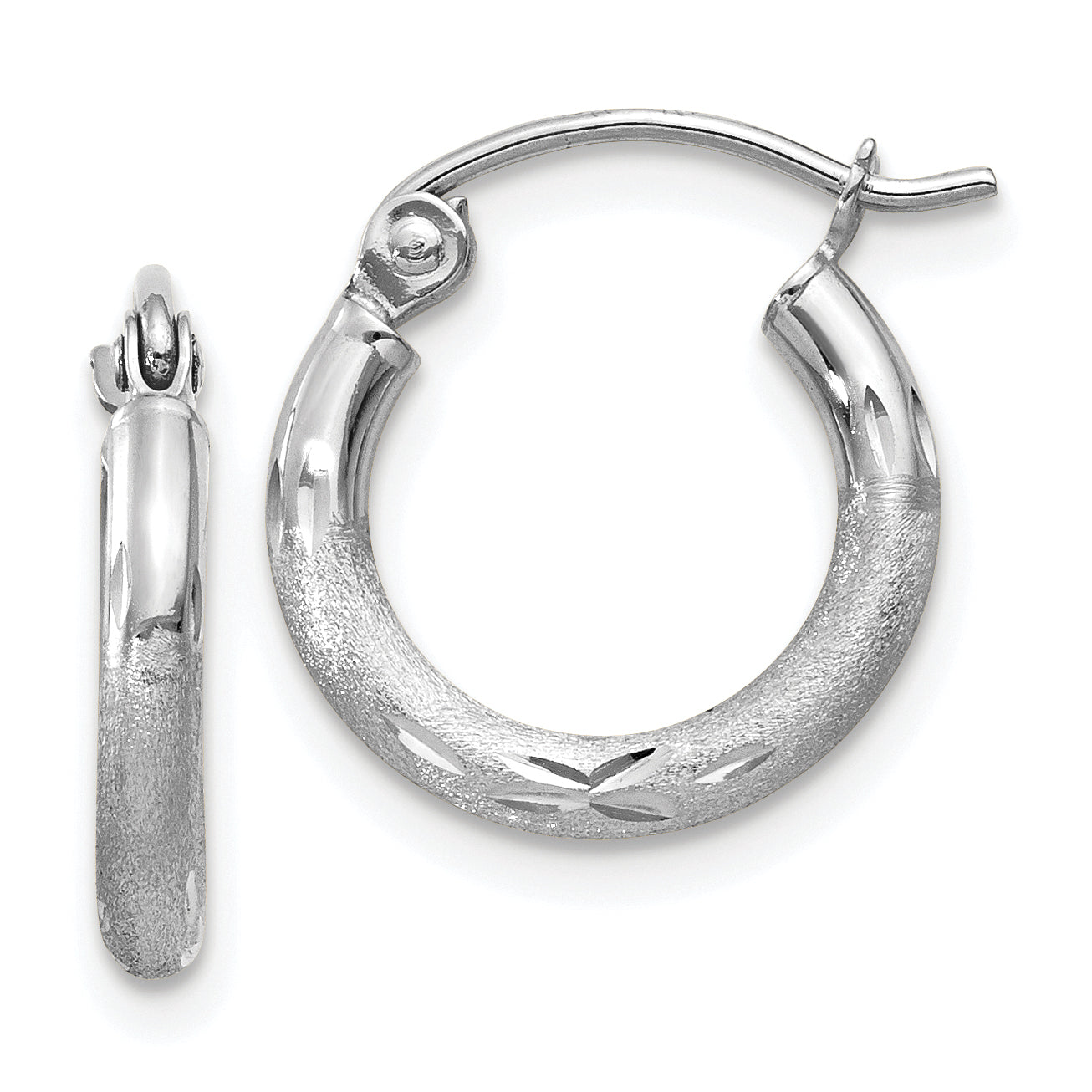 14k White Gold Satin and Diamond-cut 2mm Round Hoop Earrings Main image