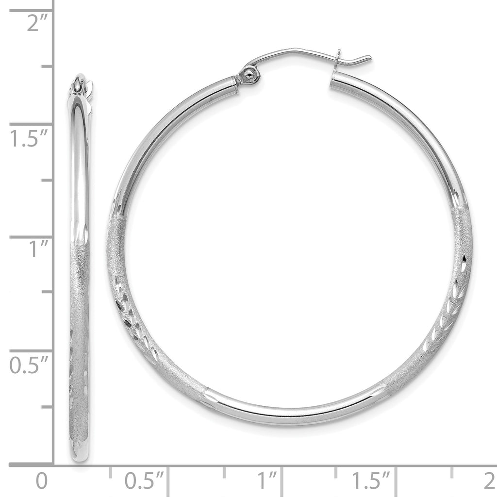 14k White Gold Satin and Diamond-cut 2mm Round Hoop Earrings
