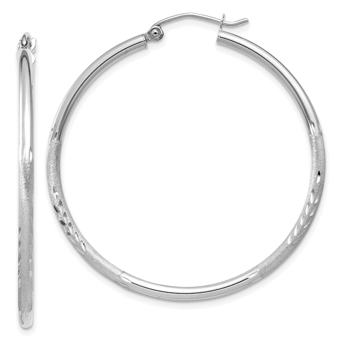 14k White Gold Satin and Diamond-cut 2mm Round Hoop Earrings
