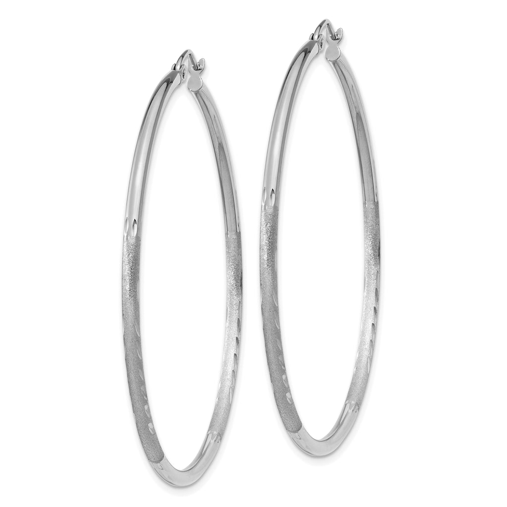 14k White Gold Satin and Diamond-cut 2mm Round Hoop Earrings