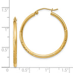 14k Satin and Diamond-cut 2mm Round Tube Hoop Earrings