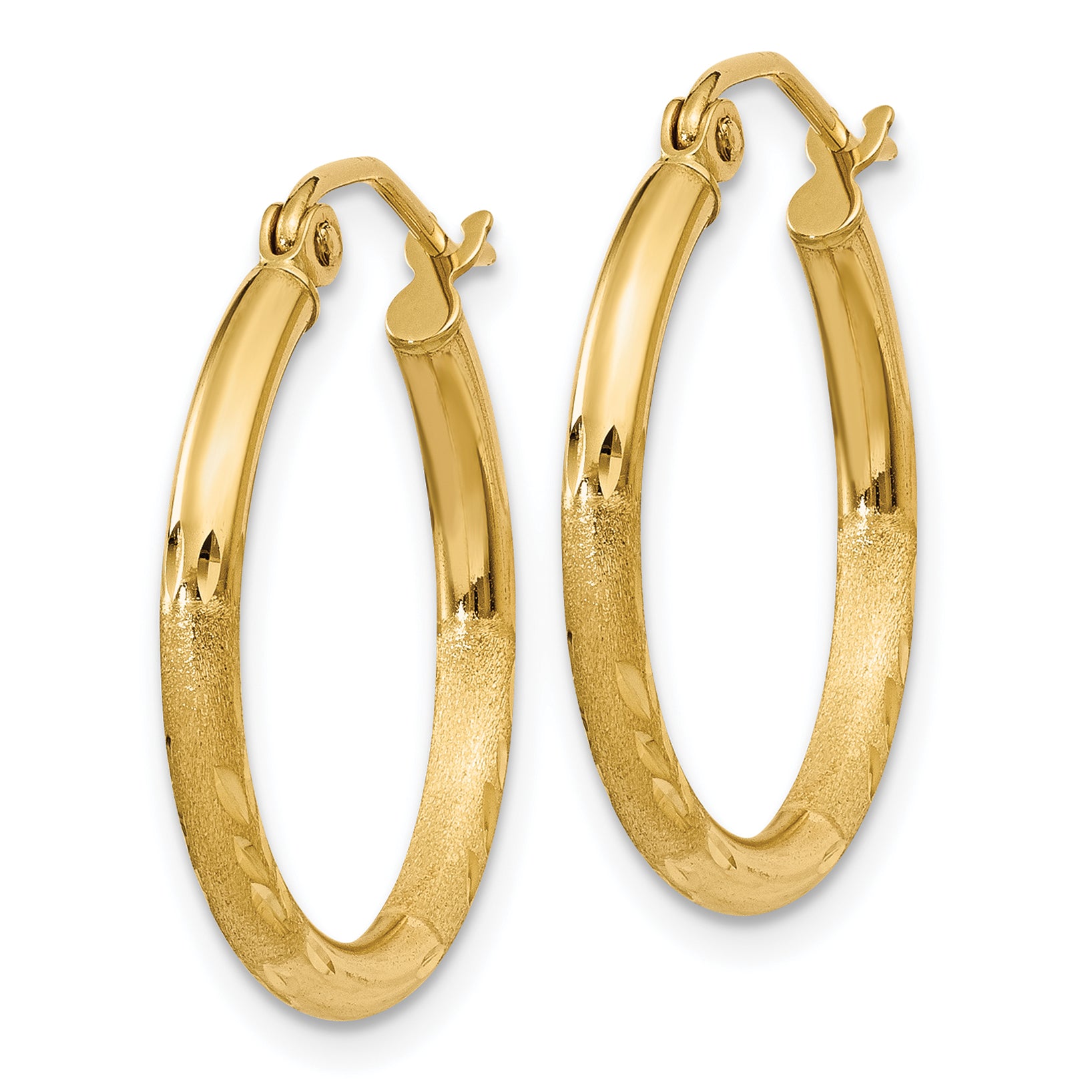 14k Satin and Diamond-cut 2mm Round Tube Hoop Earrings Secondary image