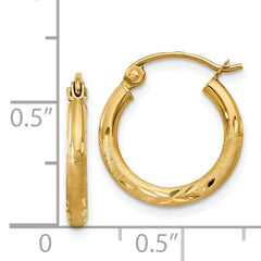 14k Satin and Diamond-cut 2mm Round Tube Hoop Earrings