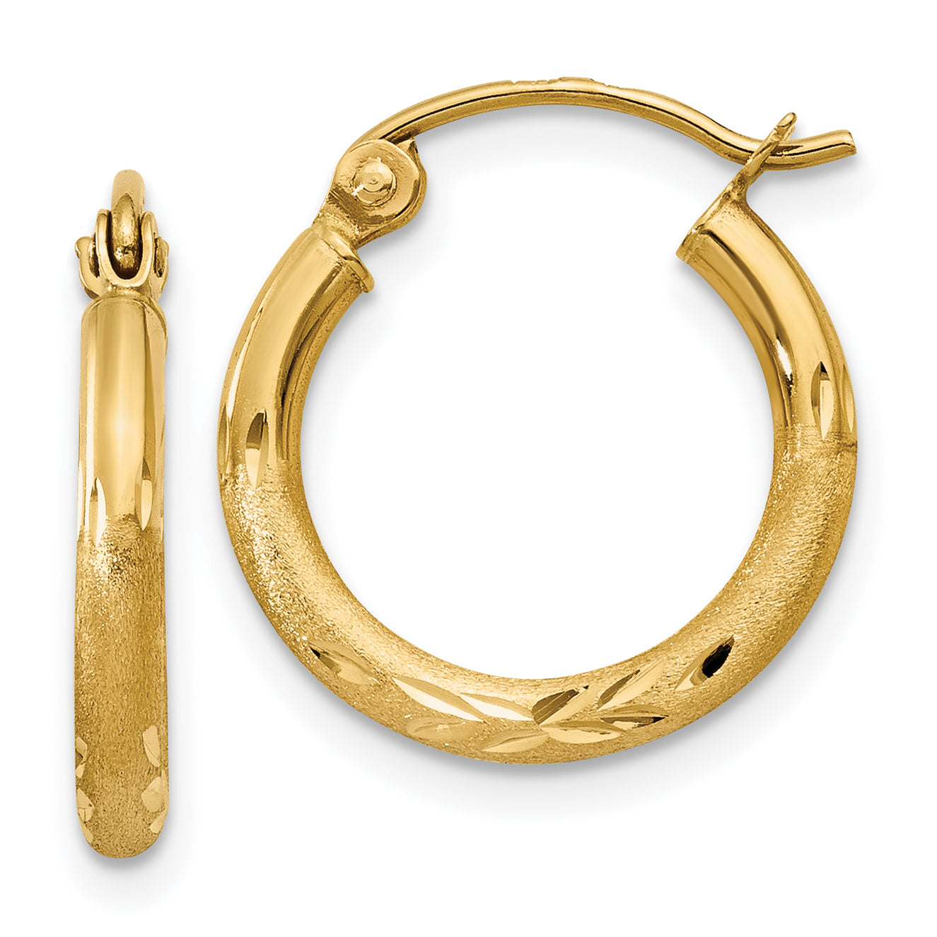 14k Satin and Diamond-cut 2mm Round Tube Hoop Earrings Main image