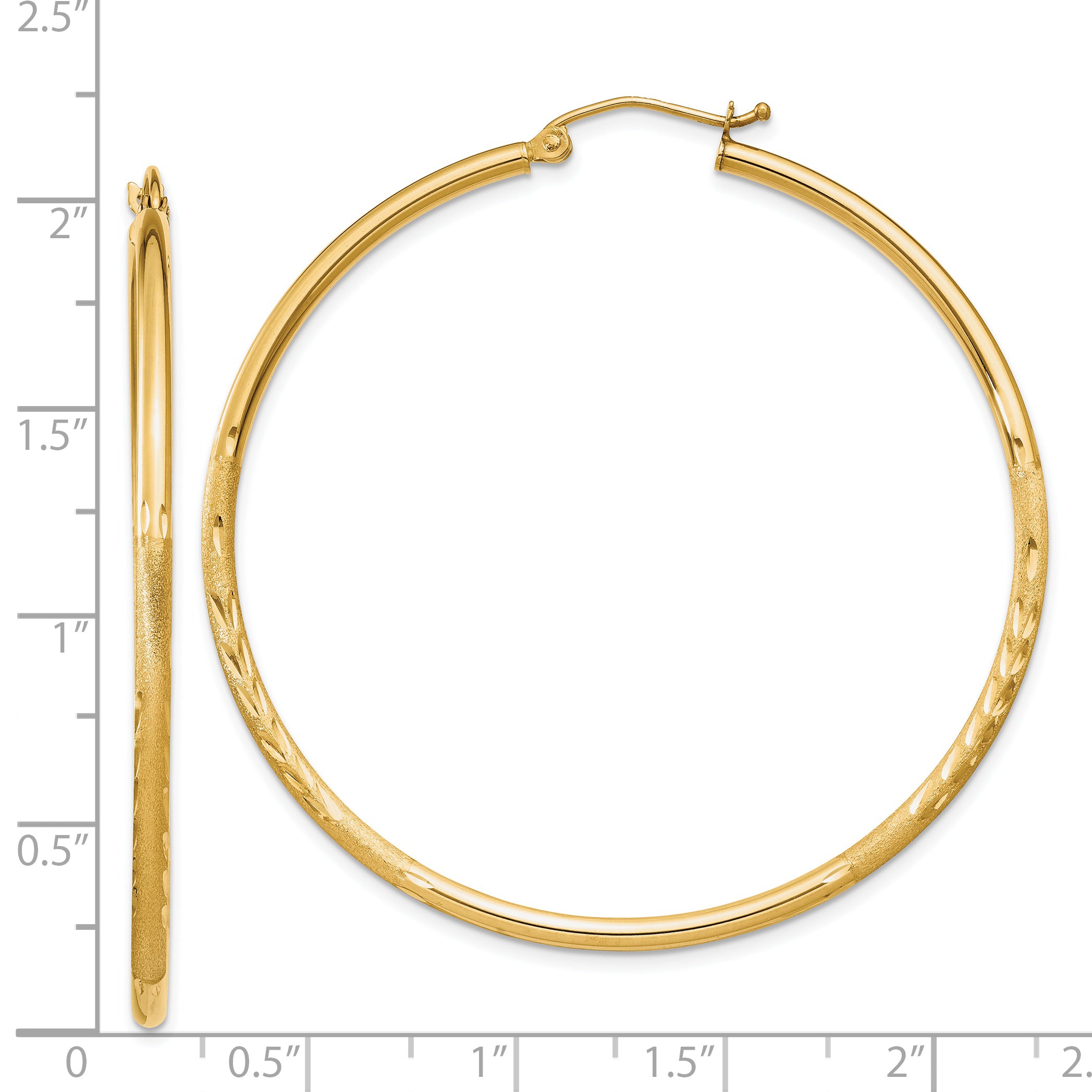 14k Satin and Diamond-cut 2mm Round Tube Hoop Earrings