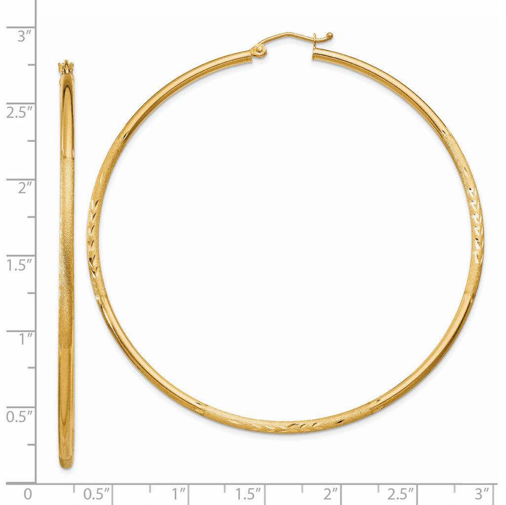 14k Satin and Diamond-cut 2mm Round Tube Hoop Earrings