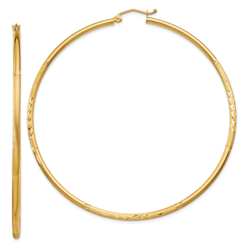 14k Satin and Diamond-cut 2mm Round Tube Hoop Earrings