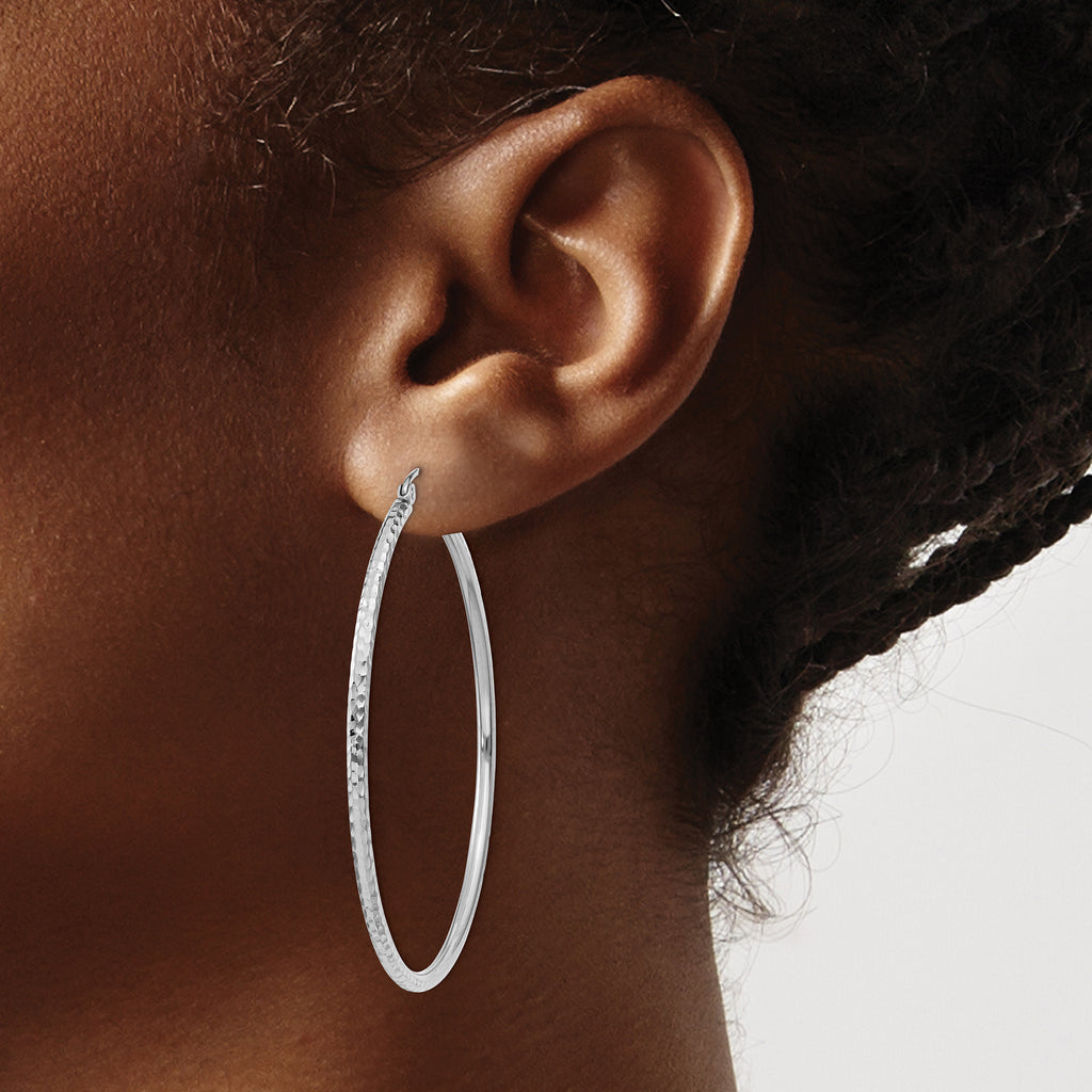 14k White Gold Diamond-cut 2mm Round Tube Hoop Earrings