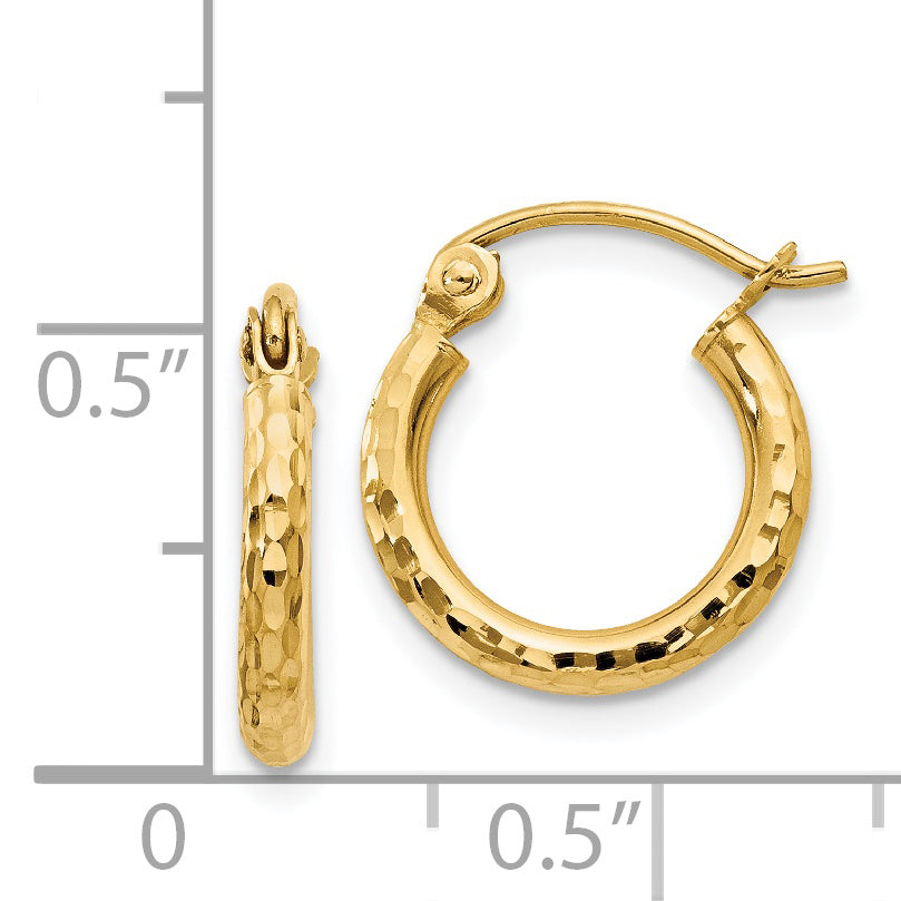 14k Diamond-cut 2mm Round Tube Hoop Earrings