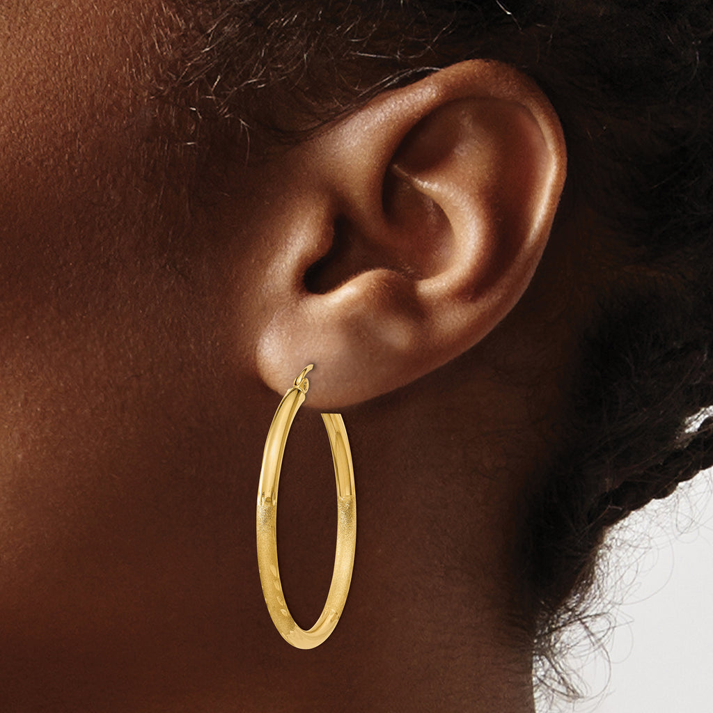 14k Satin & Diamond-cut 2.5mm Round Hoop Earrings