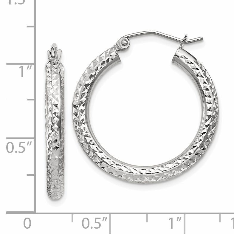 14k White Gold Diamond-cut 3mm Round Hoop Earrings