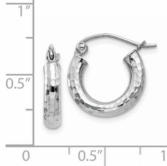 14k White Gold Diamond-cut 3mm Round Hoop Earrings