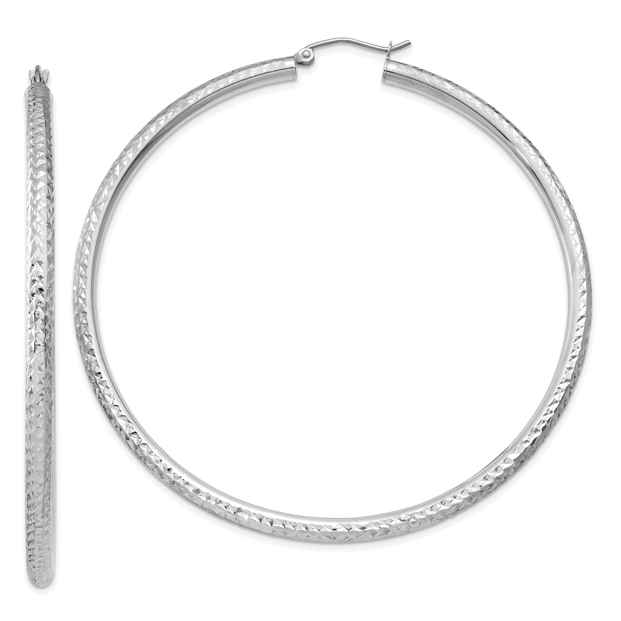 14k White Gold Diamond-cut 3mm Round Hoop Earrings Main image