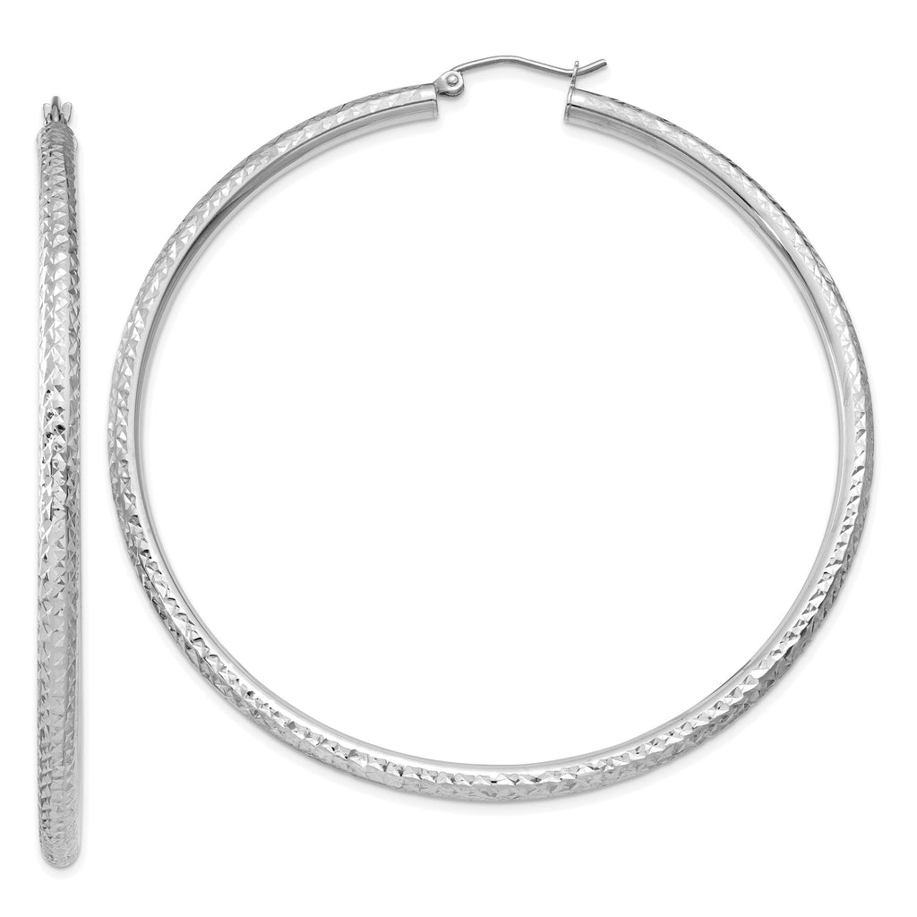 14k White Gold Diamond-cut 3mm Round Hoop Earrings