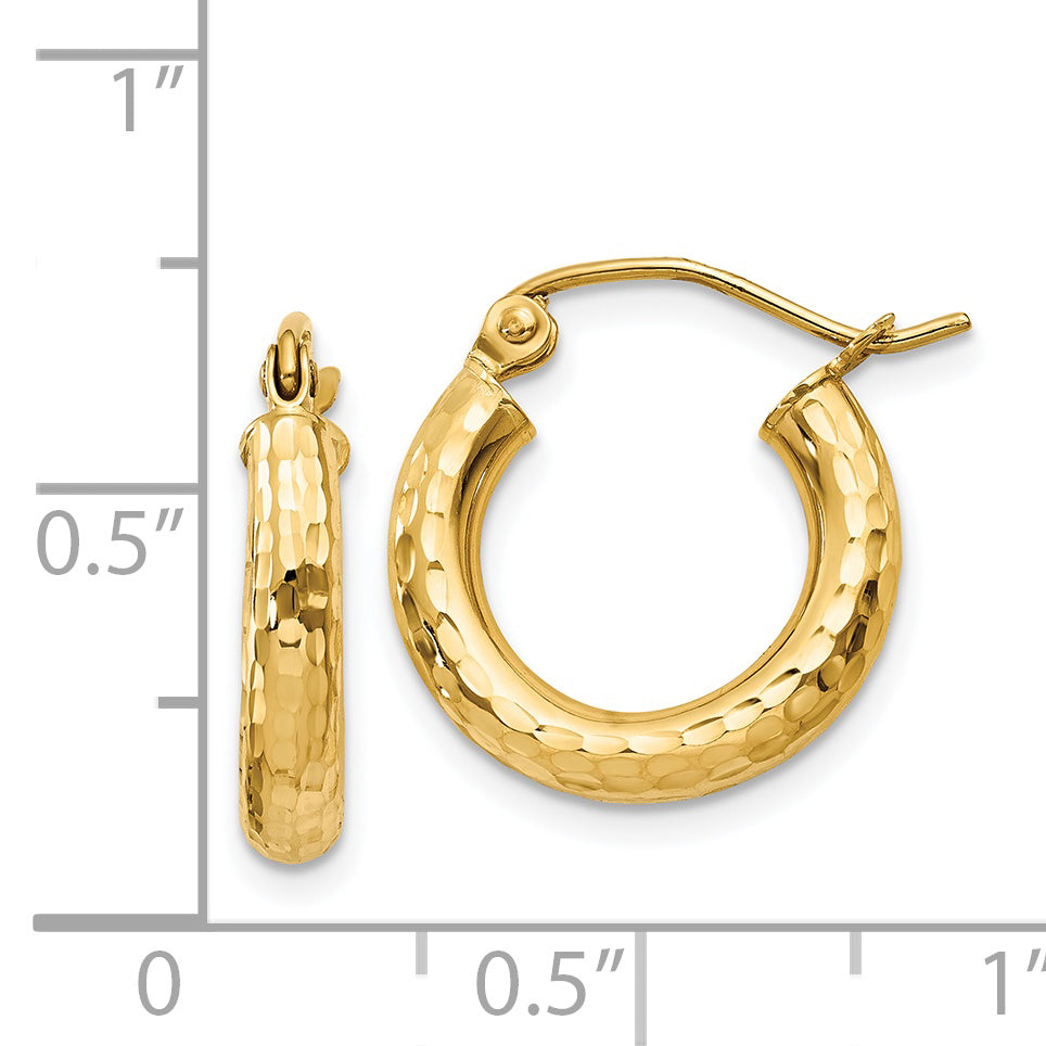 14k Diamond-cut 3mm Round Hoop Earrings