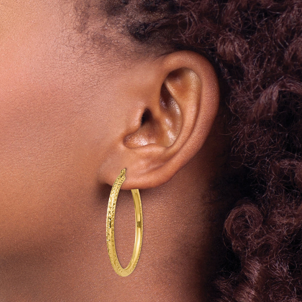 14k Diamond-cut 3mm Round Hoop Earrings