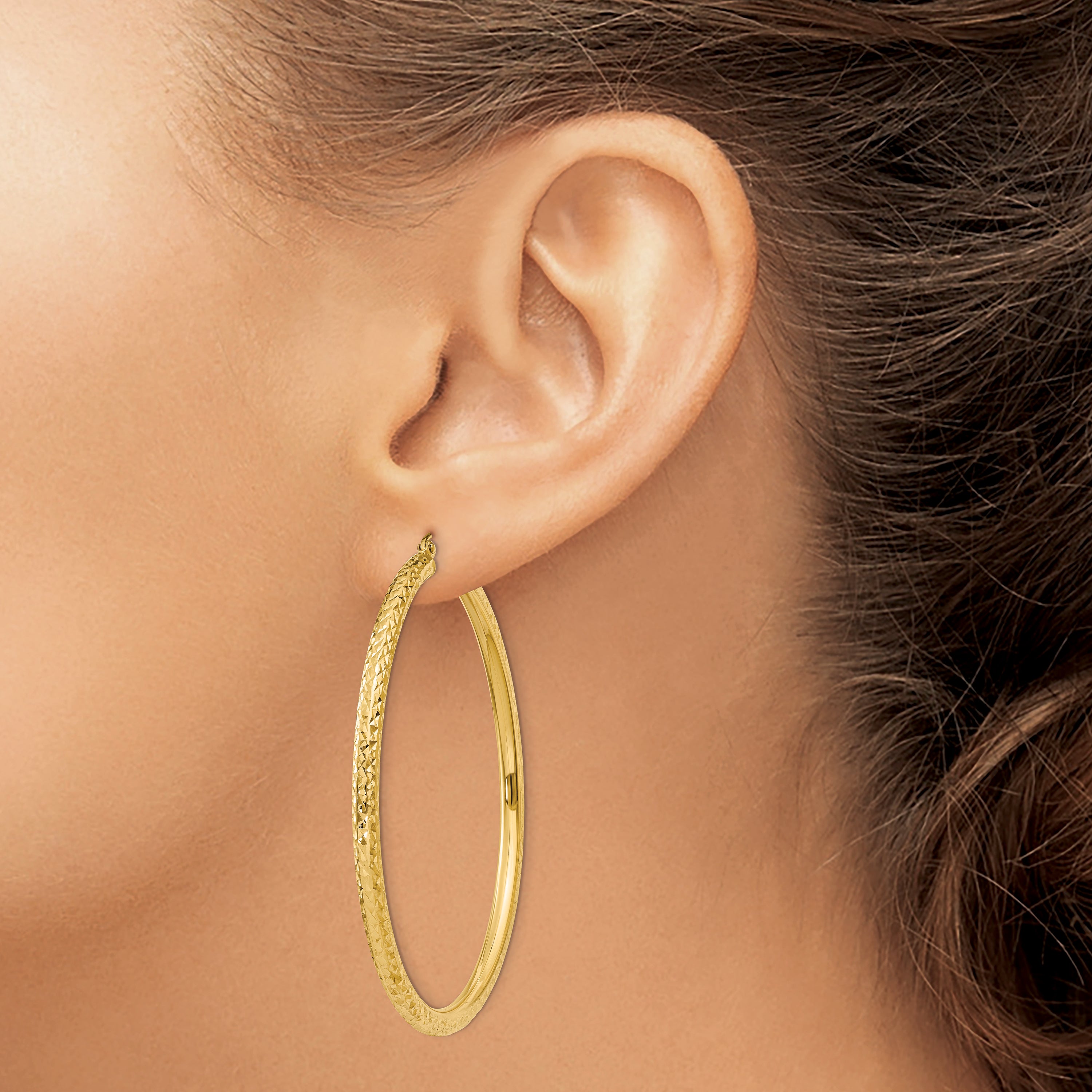 14k Diamond-cut 3mm Round Hoop Earrings