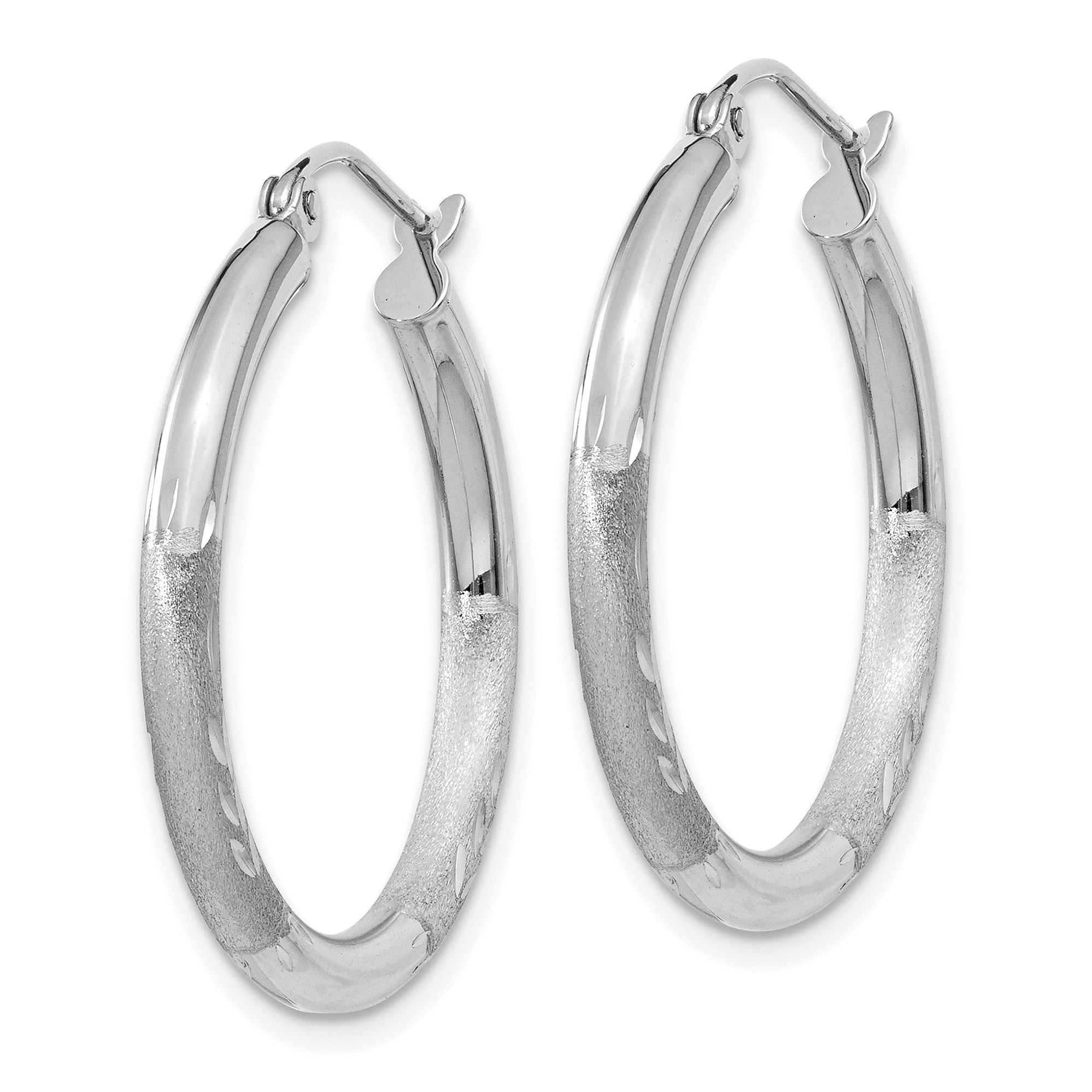 14k White Gold Satin and Diamond-cut 3mm Round Hoop Earrings Secondary image