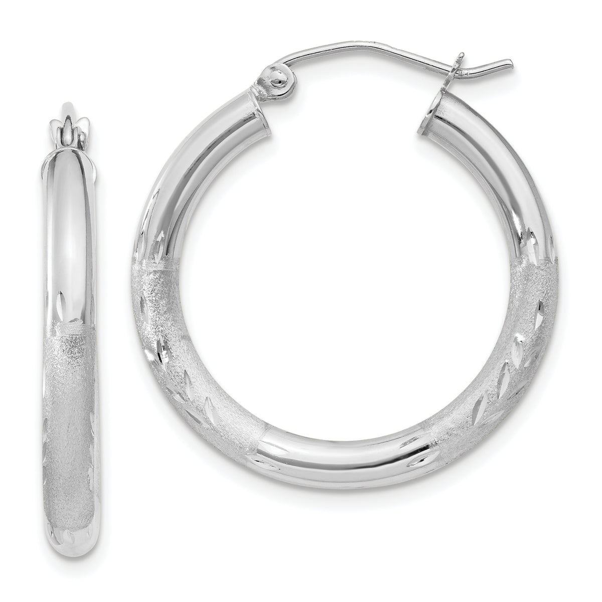 14k White Gold Satin and Diamond-cut 3mm Round Hoop Earrings