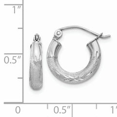 14k White Gold Satin and Diamond-cut 3mm Round Hoop Earrings