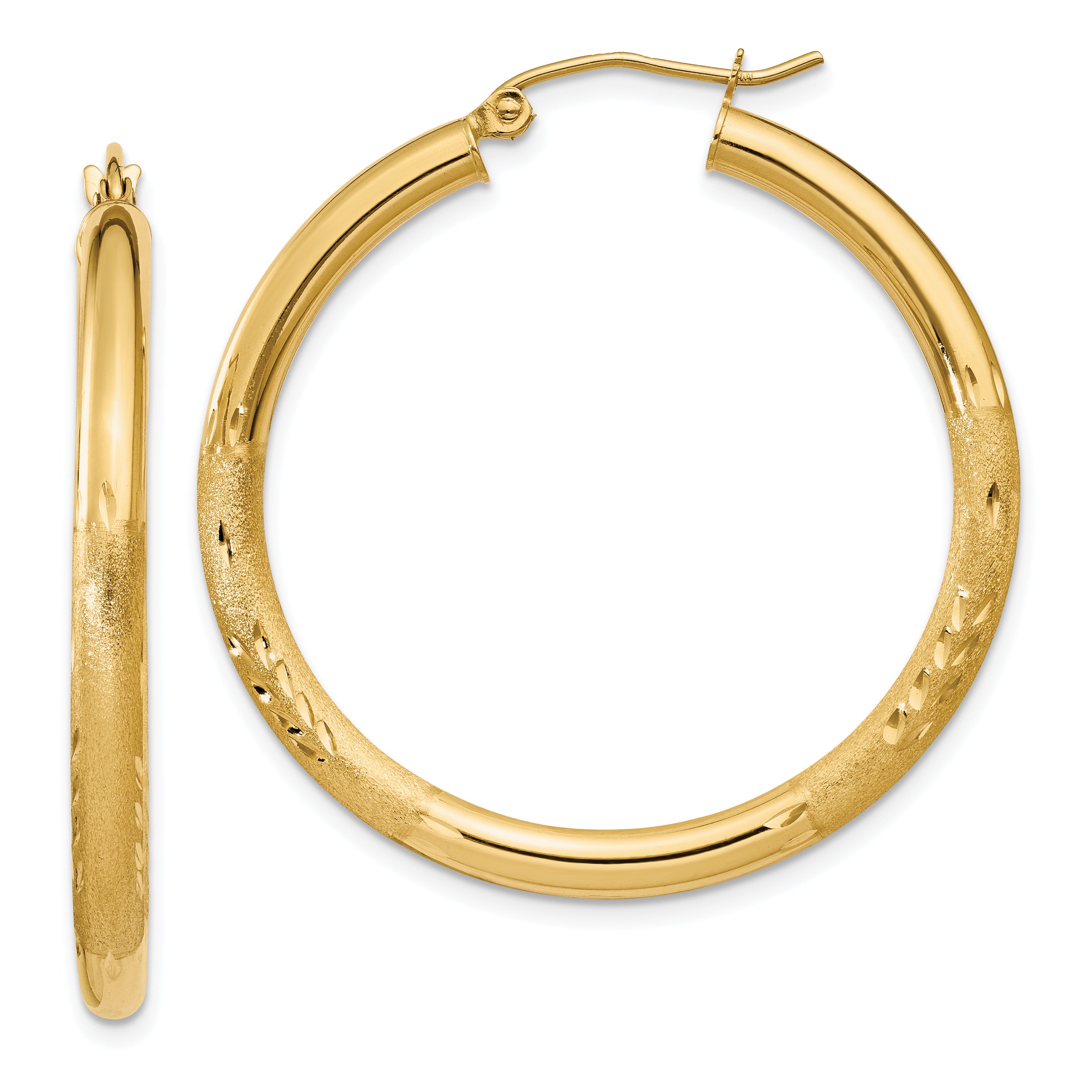 14k Satin and Diamond-cut 3mm Round Hoop Earrings