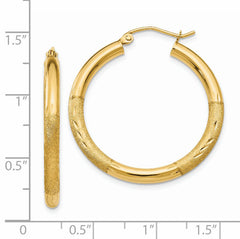 14k Satin and Diamond-cut 3mm Round Hoop Earrings