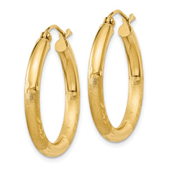 14k Satin and Diamond-cut 3mm Round Hoop Earrings