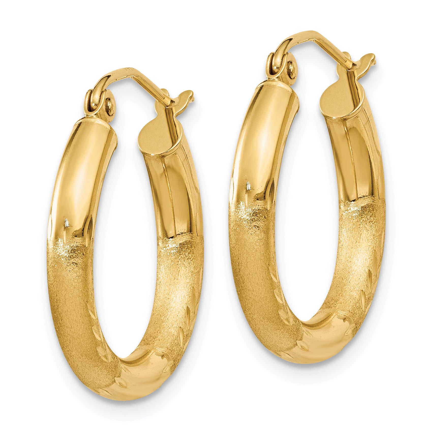 14k Satin and Diamond-cut 3mm Round Hoop Earrings Secondary image
