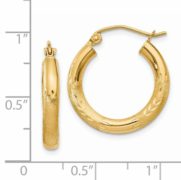 14k Satin and Diamond-cut 3mm Round Hoop Earrings