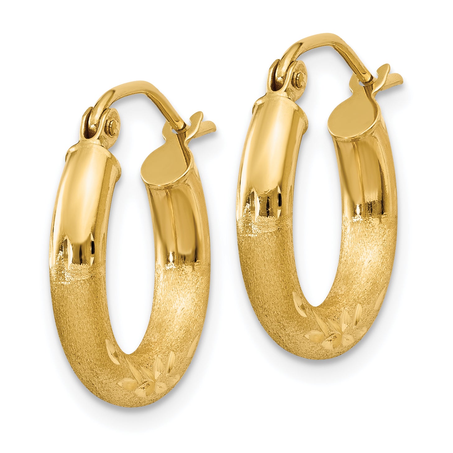 14k Satin and Diamond-cut 3mm Round Hoop Earrings Secondary image