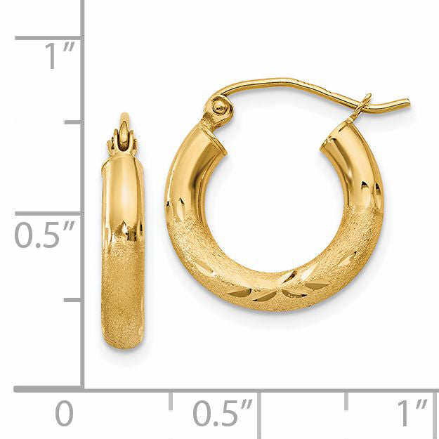 14k Satin and Diamond-cut 3mm Round Hoop Earrings