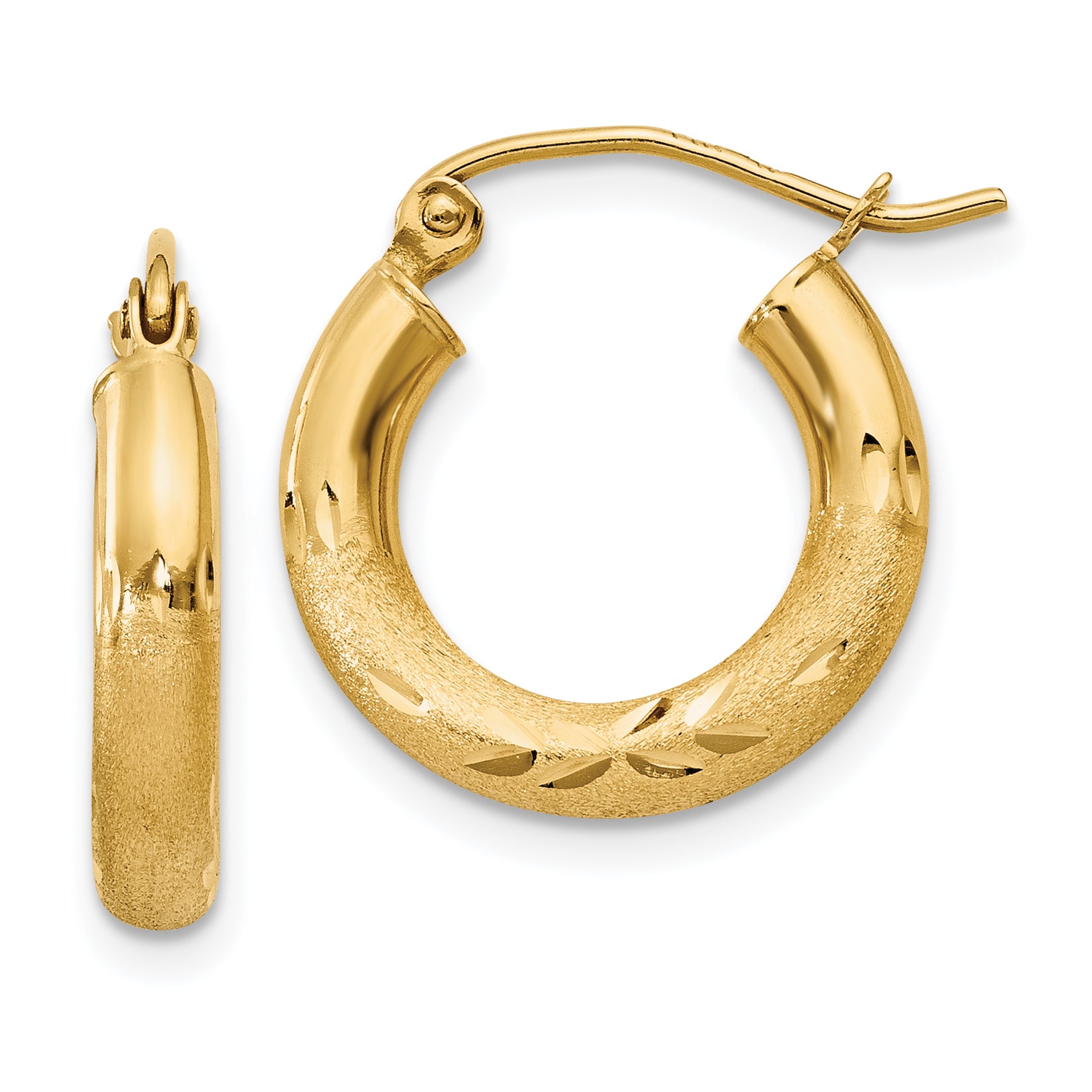 14k Satin and Diamond-cut 3mm Round Hoop Earrings Main image