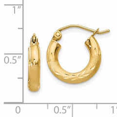 14k Satin and Diamond-cut 3mm Round Hoop Earrings