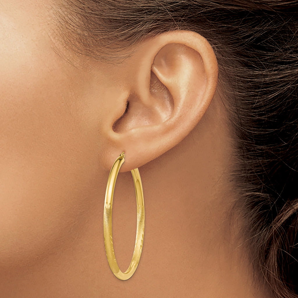 14k Satin and Diamond-cut 3mm Round Hoop Earrings